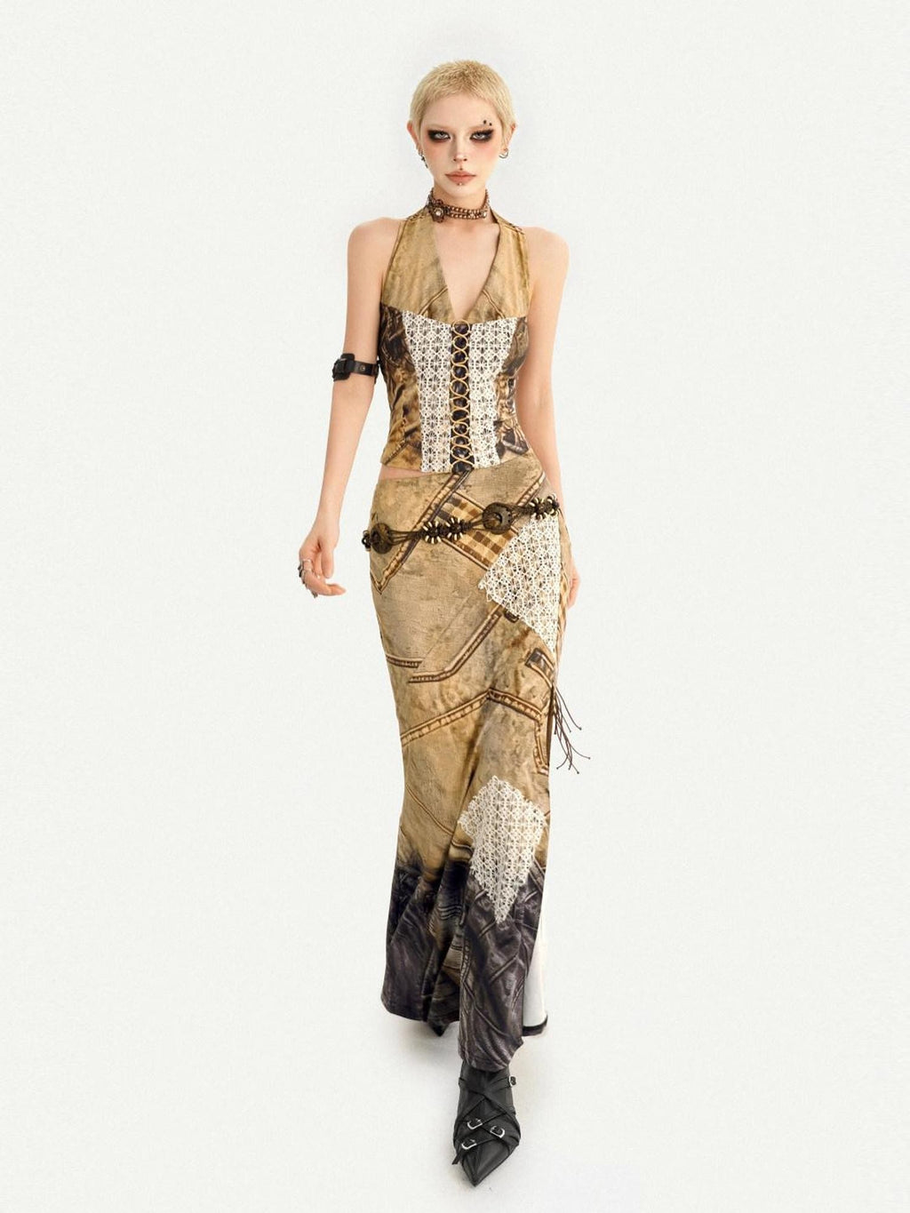 Nico Molly Vintage Brown Patchwork Lace Halter V-neck Women's Slip Maxi Dresses