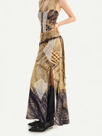 Nico Molly Vintage Brown Patchwork Lace Halter V-neck Women's Slip Maxi Dresses