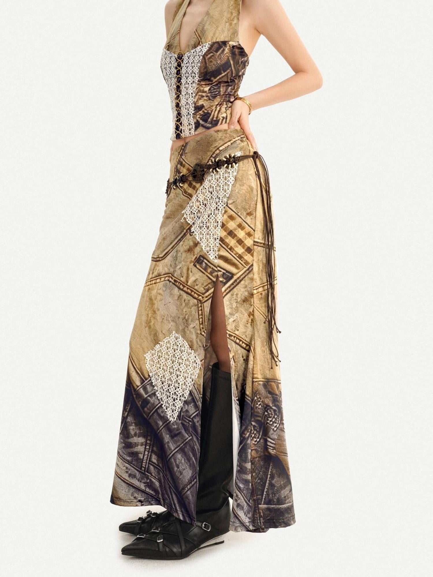 Nico Molly Vintage Brown Patchwork Lace Halter V-neck Women's Slip Maxi Dresses
