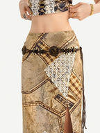 Nico Molly Vintage Brown Patchwork Lace Halter V-neck Women's Slip Maxi Dresses