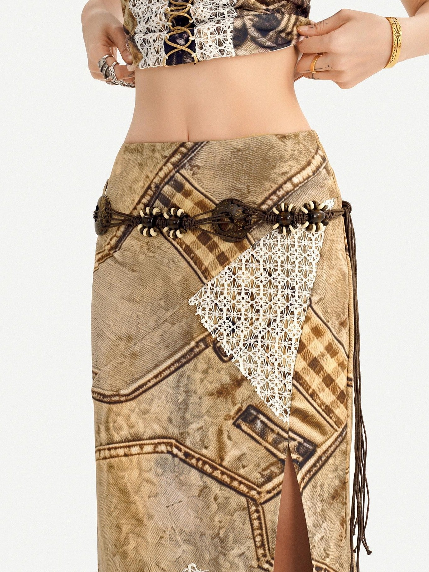 Nico Molly Vintage Brown Patchwork Lace Halter V-neck Women's Slip Maxi Dresses