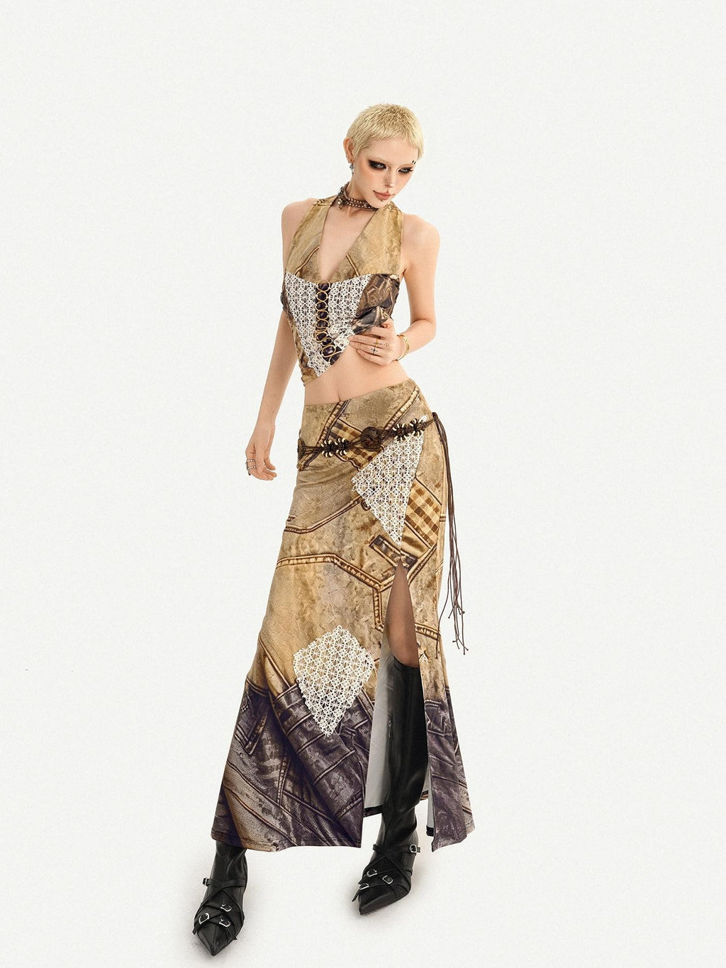 Nico Molly Vintage Brown Patchwork Lace Halter V-neck Women's Slip Maxi Dresses