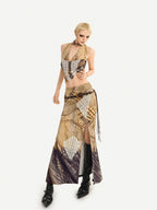 Nico Molly Vintage Brown Patchwork Lace Halter V-neck Women's Slip Maxi Dresses