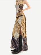 Nico Molly Vintage Brown Patchwork Lace Halter V-neck Women's Slip Maxi Dresses