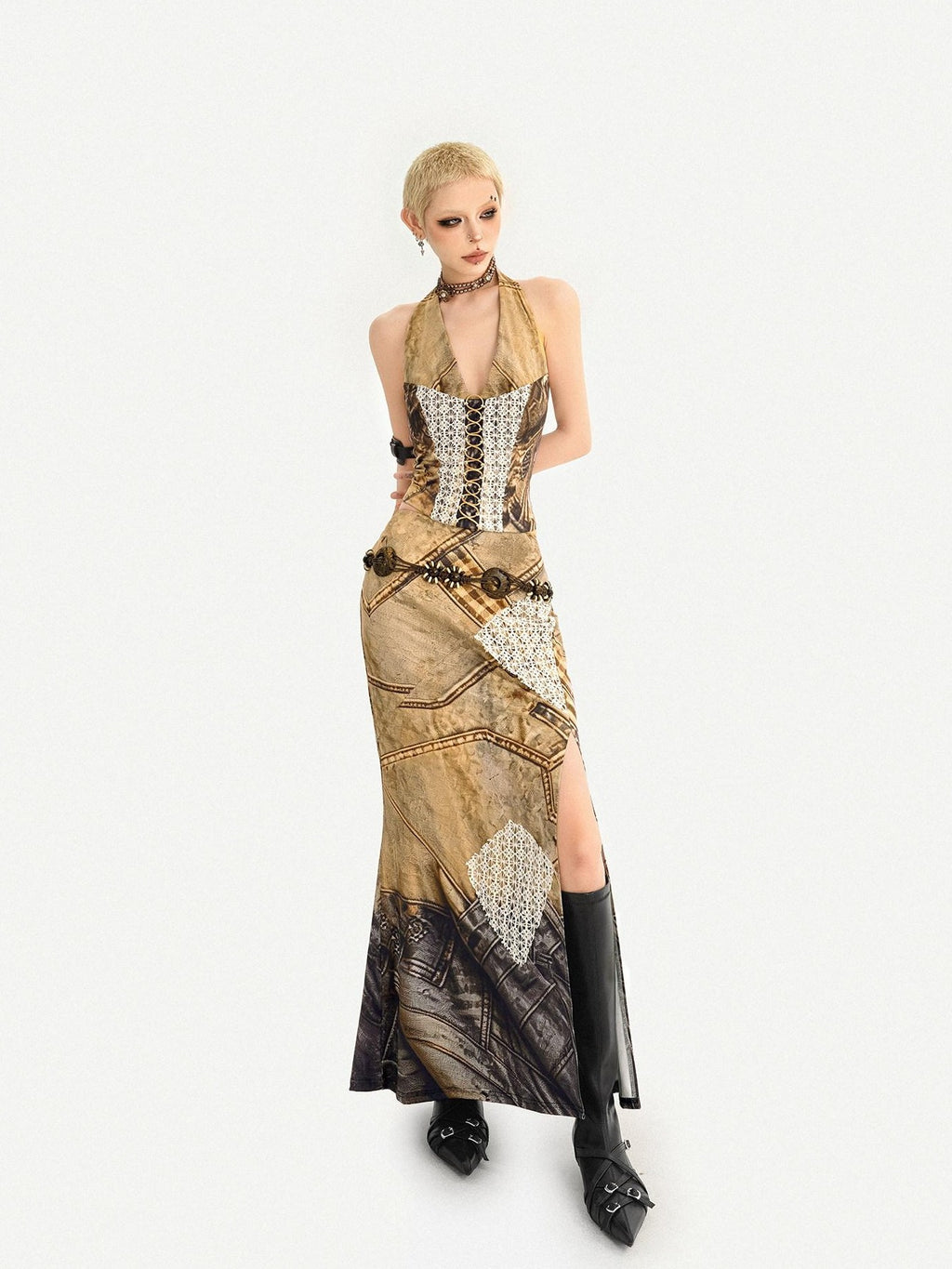 Nico Molly Vintage Brown Patchwork Lace Halter V-neck Women's Slip Maxi Dresses