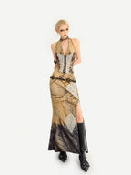 Nico Molly Vintage Brown Patchwork Lace Halter V-neck Women's Slip Maxi Dresses