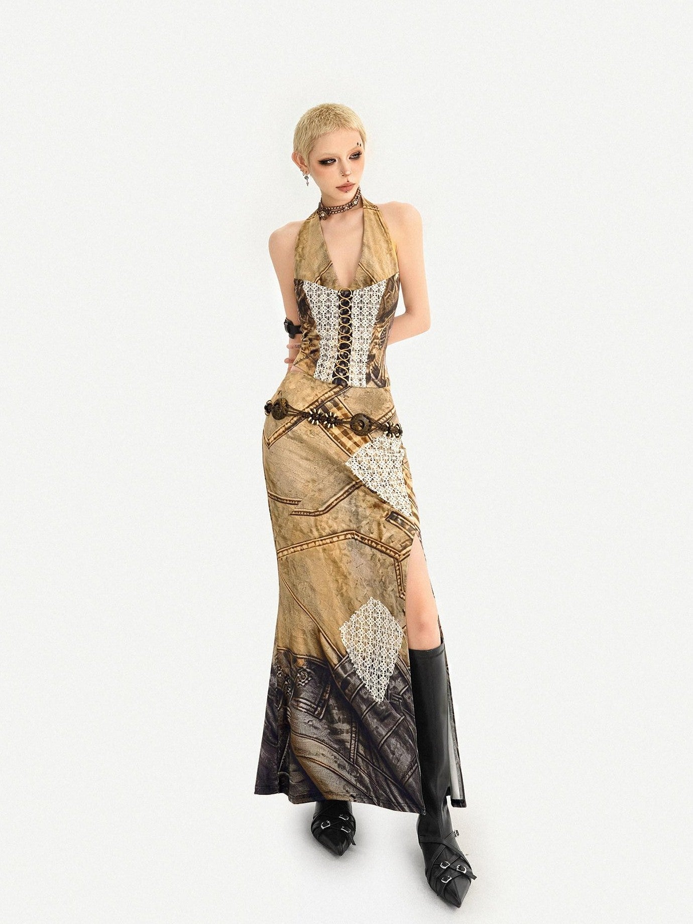 Nico Molly Vintage Brown Patchwork Lace Halter V-neck Women's Slip Maxi Dresses