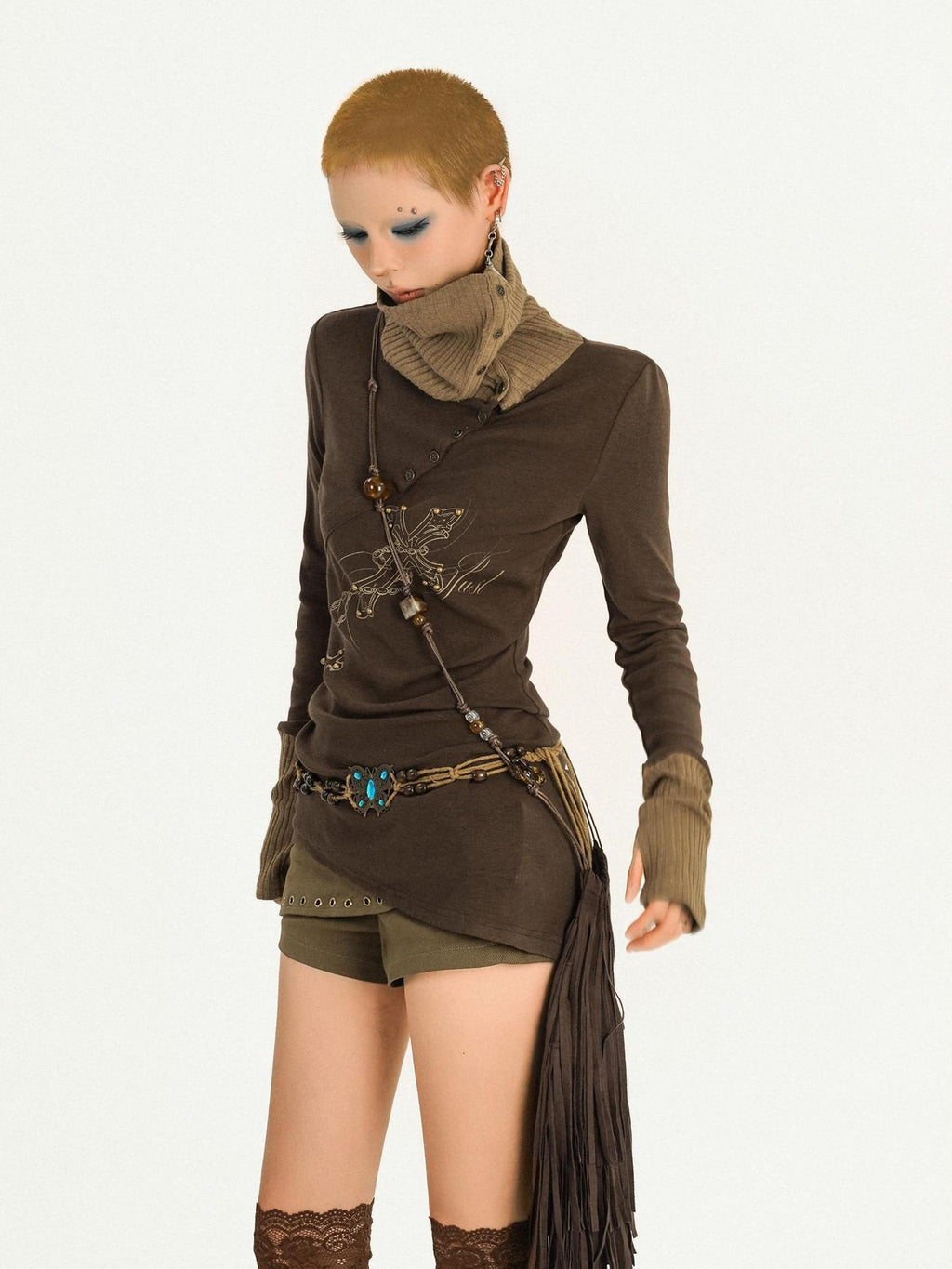 Nico Molly Vintage Butterfly Patchwork Women's Knit Stacked Collar Long Sleeve T-shirts