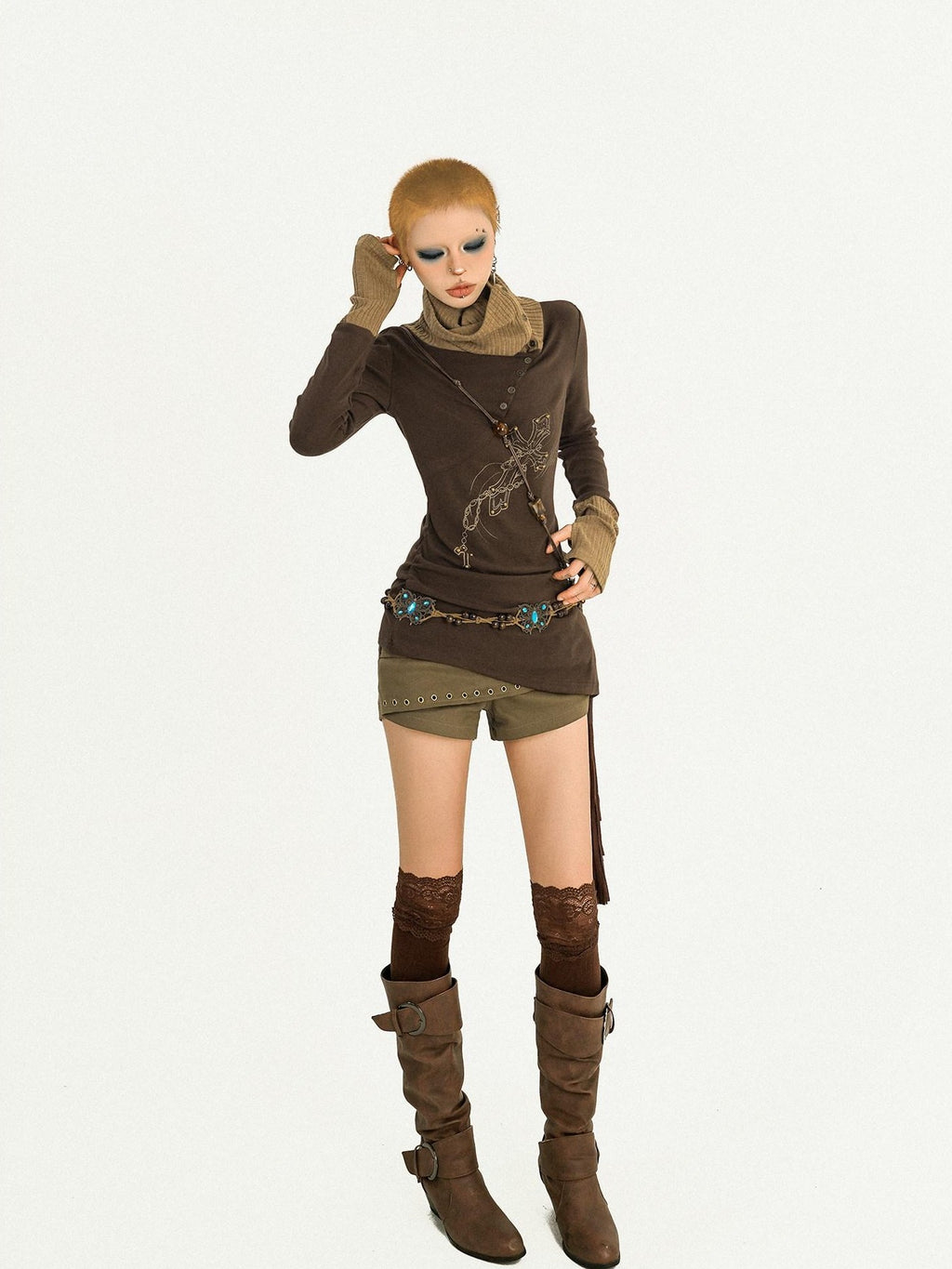 Nico Molly Vintage Butterfly Patchwork Women's Knit Stacked Collar Long Sleeve T-shirts