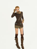 Nico Molly Vintage Butterfly Patchwork Women's Knit Stacked Collar Long Sleeve T-shirts