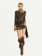 Nico Molly Vintage Butterfly Patchwork Women's Knit Stacked Collar Long Sleeve T-shirts