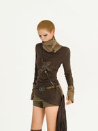 Nico Molly Vintage Butterfly Patchwork Women's Knit Stacked Collar Long Sleeve T-shirts