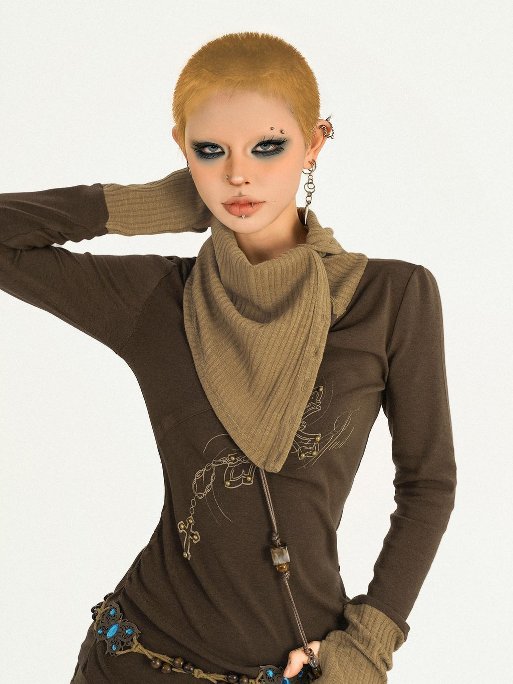 Nico Molly Vintage Butterfly Patchwork Women's Knit Stacked Collar Long Sleeve T-shirts