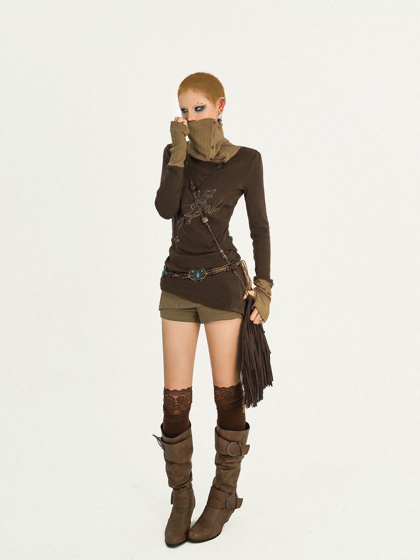 Nico Molly Vintage Butterfly Patchwork Women's Knit Stacked Collar Long Sleeve T-shirts