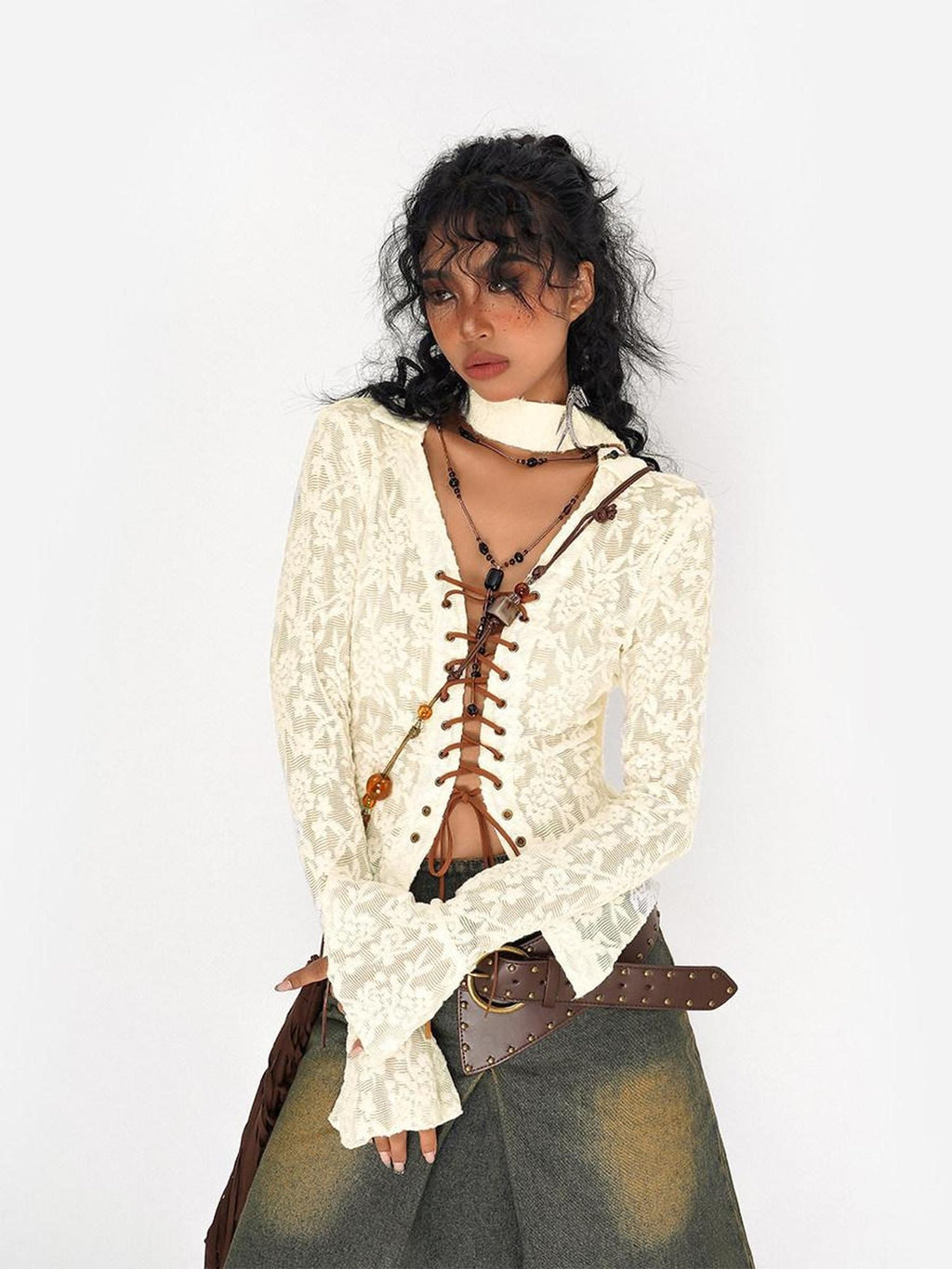 Nico Molly Vintage Embroidered Lace Tie V-neck Bell Sleeve Women's Polyester Spandex Blouses