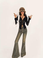 Nico Molly Vintage Embroidered Lace Tie V-neck Bell Sleeve Women's Polyester Spandex Blouses