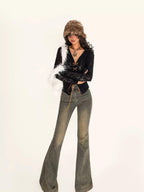 Nico Molly Vintage Embroidered Lace Tie V-neck Bell Sleeve Women's Polyester Spandex Blouses