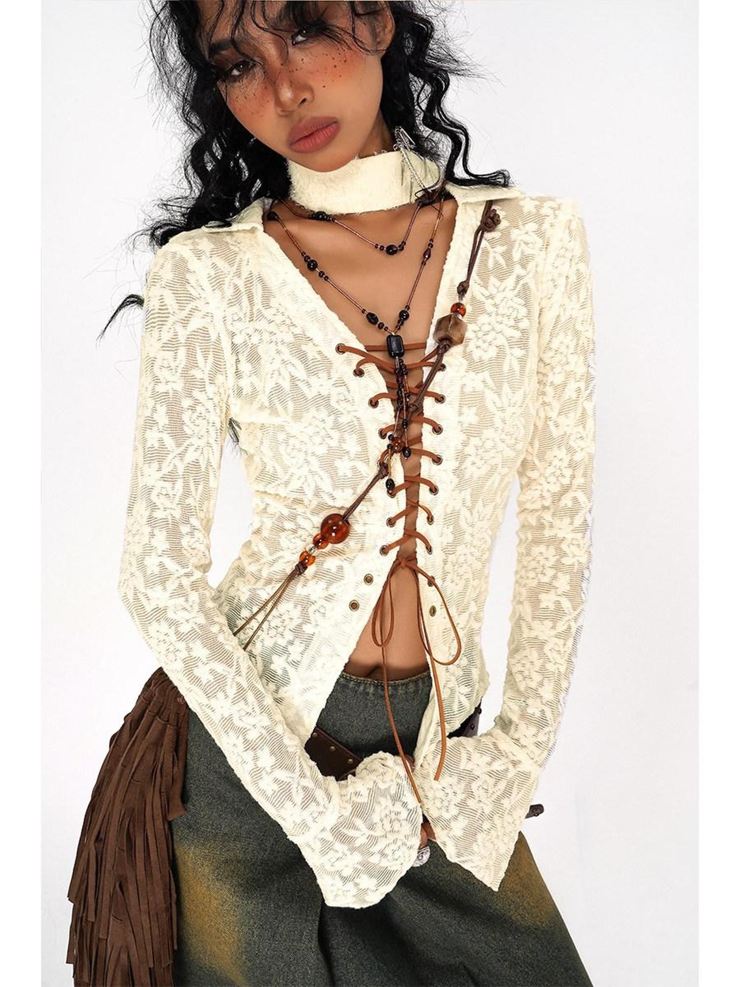 Nico Molly Vintage Embroidered Lace Tie V-neck Bell Sleeve Women's Polyester Spandex Blouses