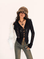 Nico Molly Vintage Embroidered Lace Tie V-neck Bell Sleeve Women's Polyester Spandex Blouses