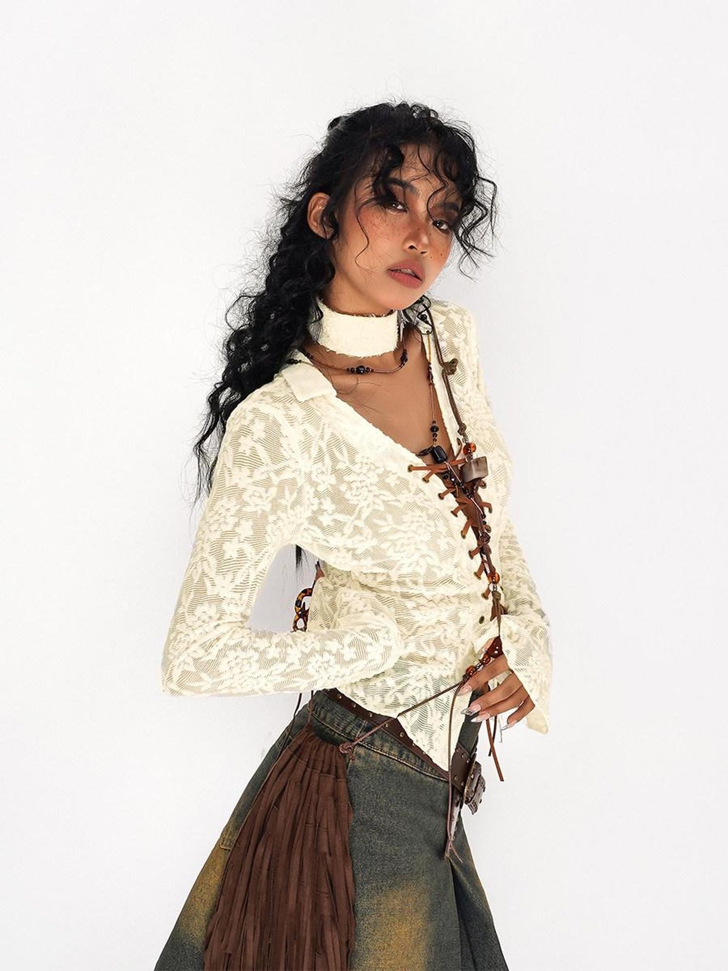 Nico Molly Vintage Embroidered Lace Tie V-neck Bell Sleeve Women's Polyester Spandex Blouses