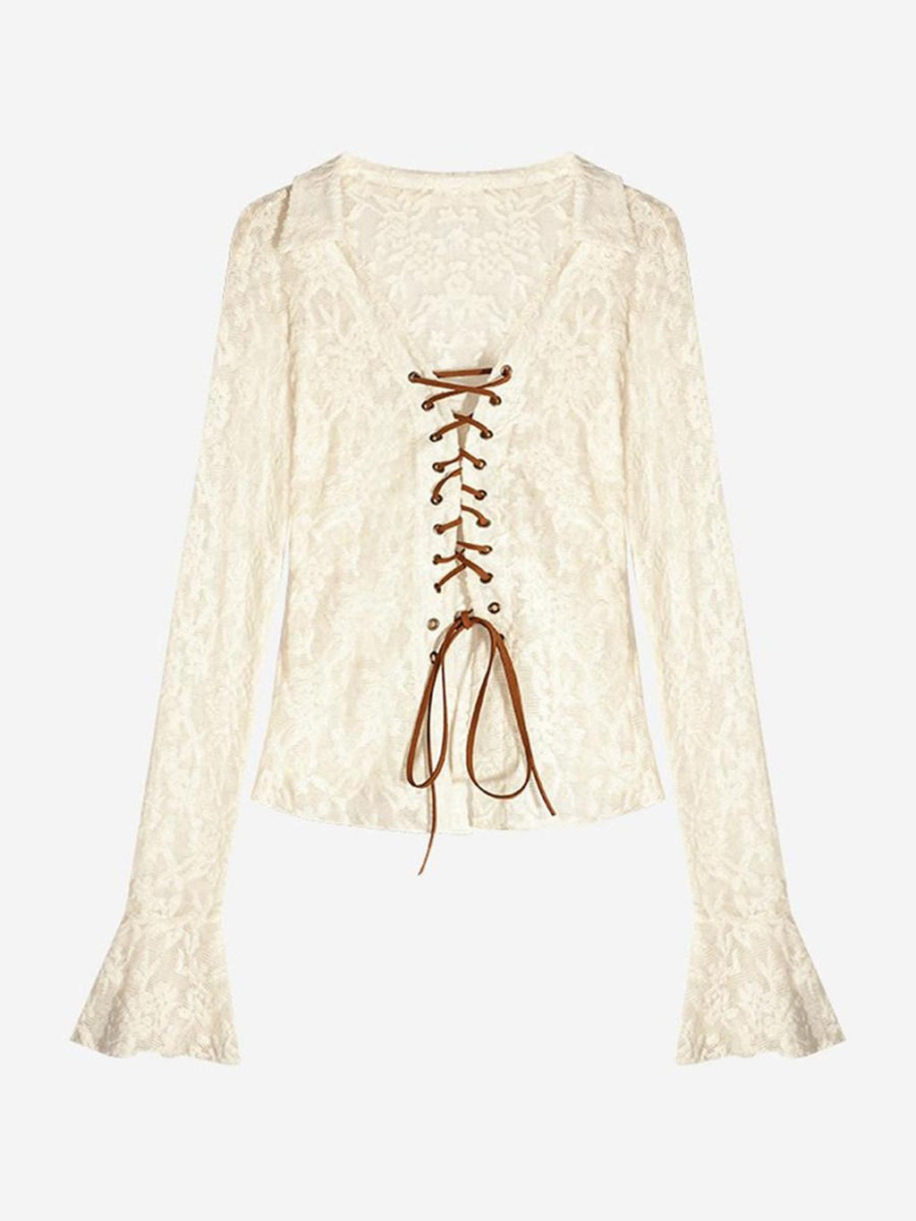 Nico Molly Vintage Embroidered Lace Tie V-neck Bell Sleeve Women's Polyester Spandex Blouses