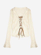 Nico Molly Vintage Embroidered Lace Tie V-neck Bell Sleeve Women's Polyester Spandex Blouses