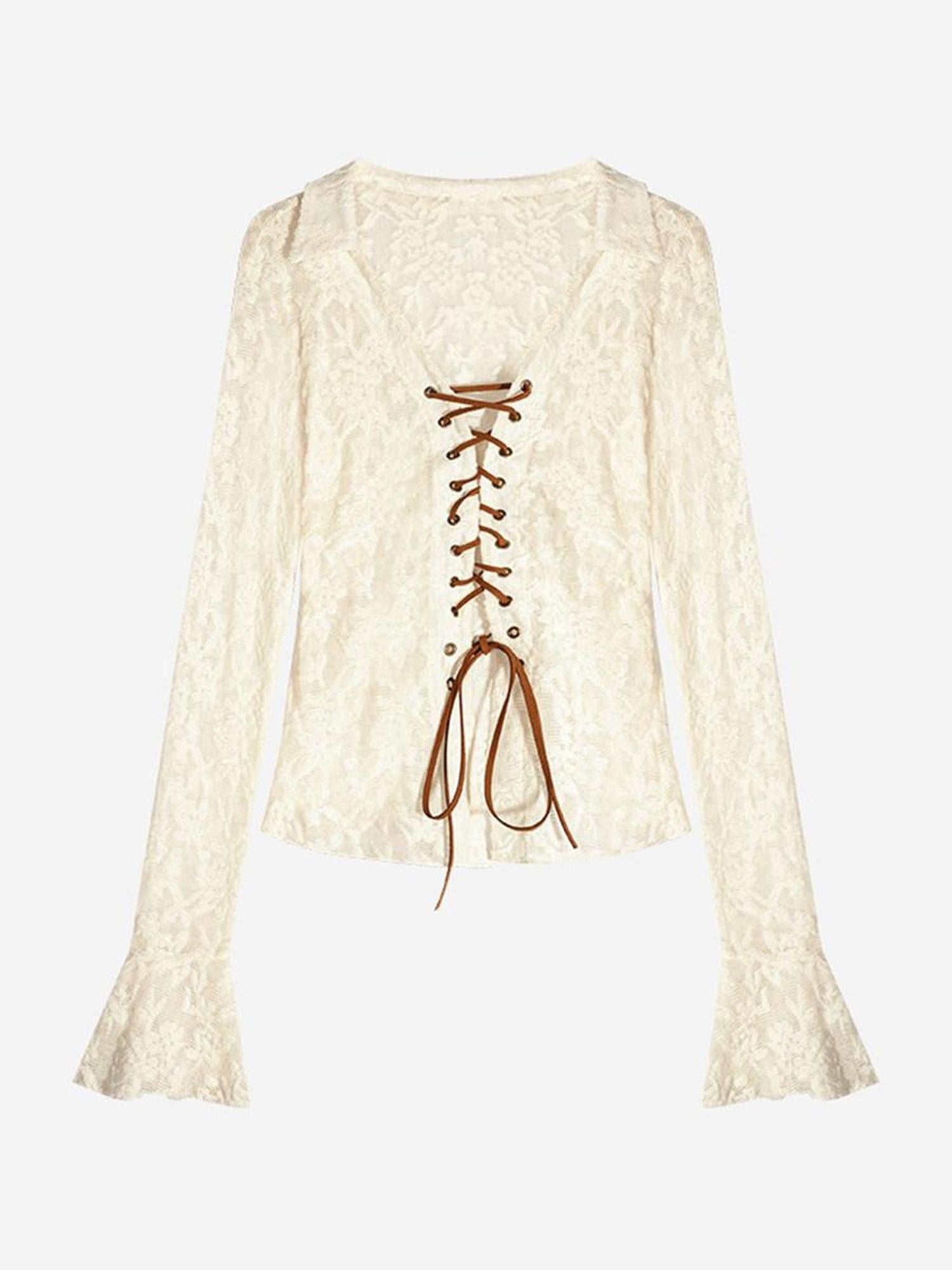 Nico Molly Vintage Embroidered Lace Tie V-neck Bell Sleeve Women's Polyester Spandex Blouses