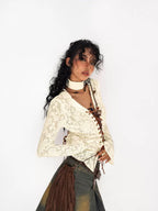 Nico Molly Vintage Embroidered Lace Tie V-neck Bell Sleeve Women's Polyester Spandex Blouses