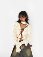 Nico Molly Vintage Embroidered Lace Tie V-neck Bell Sleeve Women's Polyester Spandex Blouses
