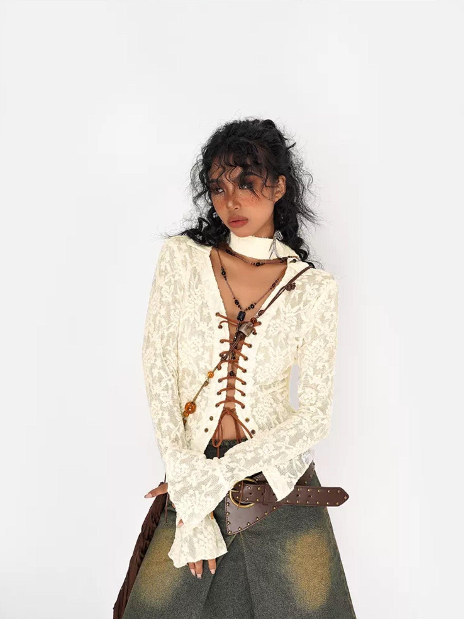 Nico Molly Vintage Embroidered Lace Tie V-neck Bell Sleeve Women's Polyester Spandex Blouses