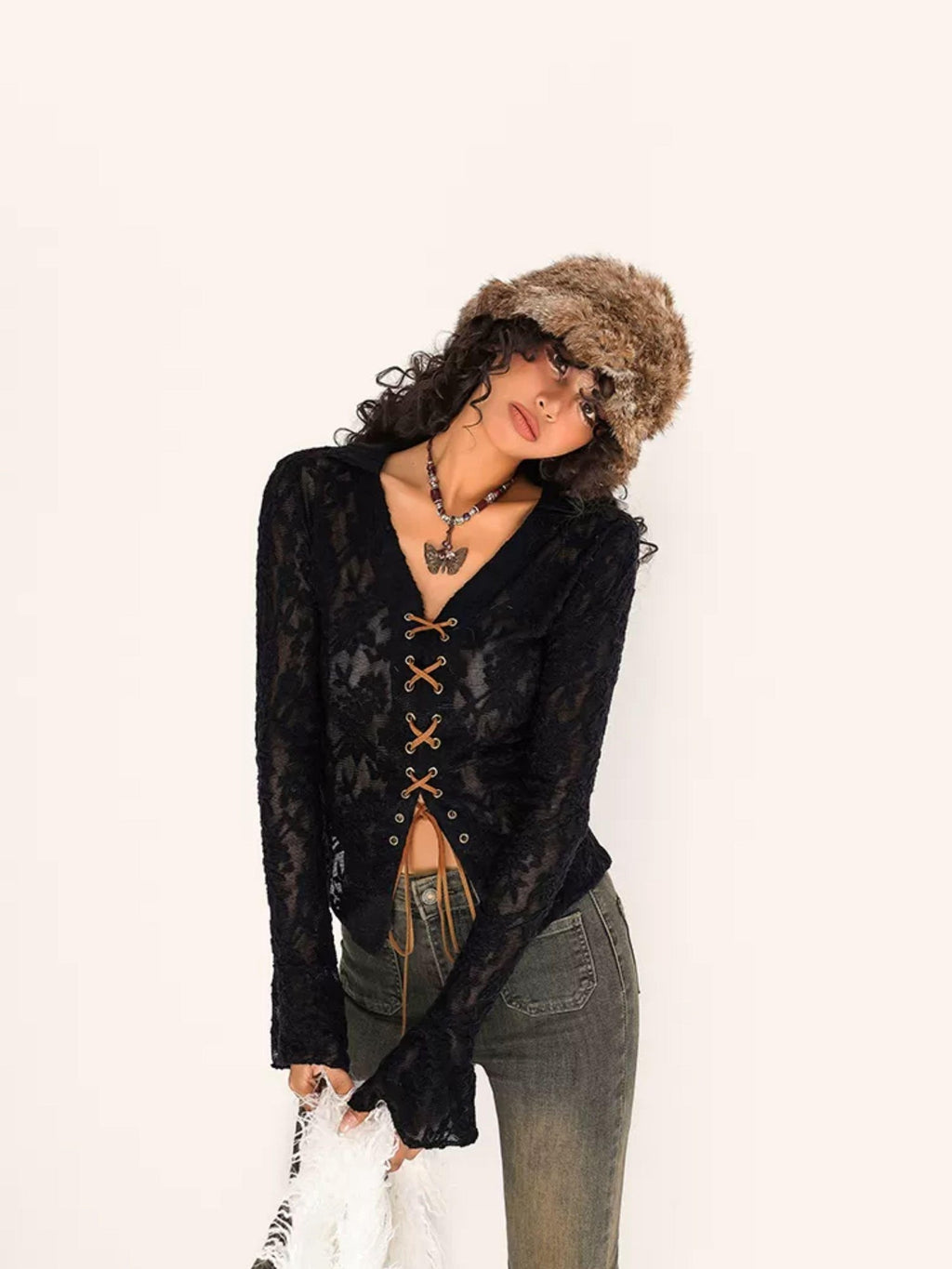Nico Molly Vintage Embroidered Lace Tie V-neck Bell Sleeve Women's Polyester Spandex Blouses