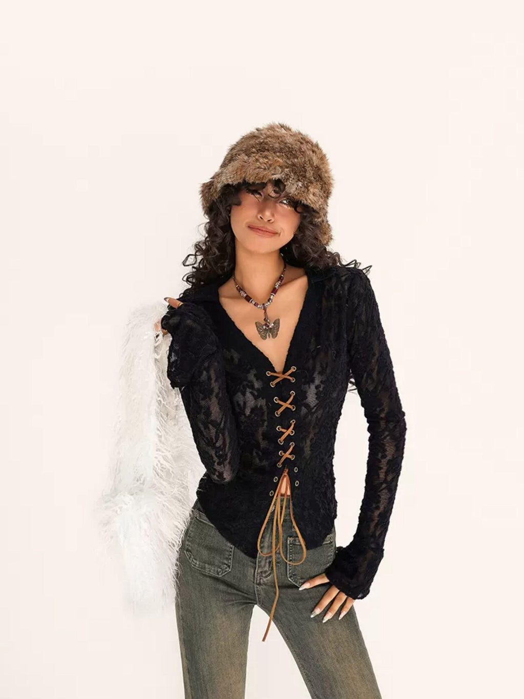 Nico Molly Vintage Embroidered Lace Tie V-neck Bell Sleeve Women's Polyester Spandex Blouses