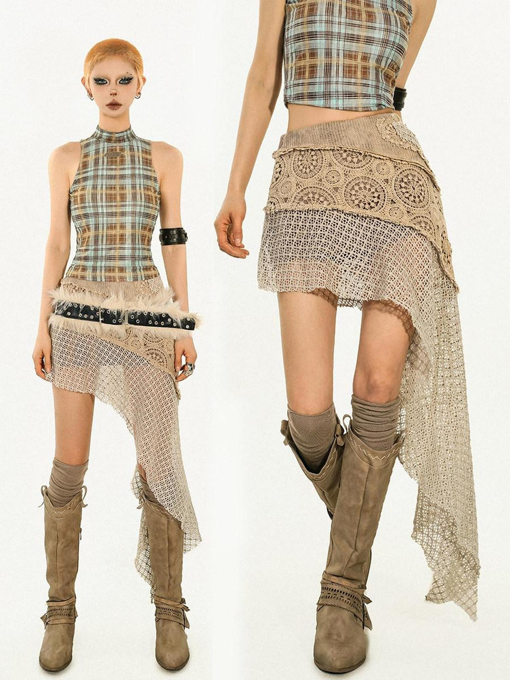 Nico Molly Vintage Grunge Patchwork Asymmetric Women's Lace Mini Skirts
