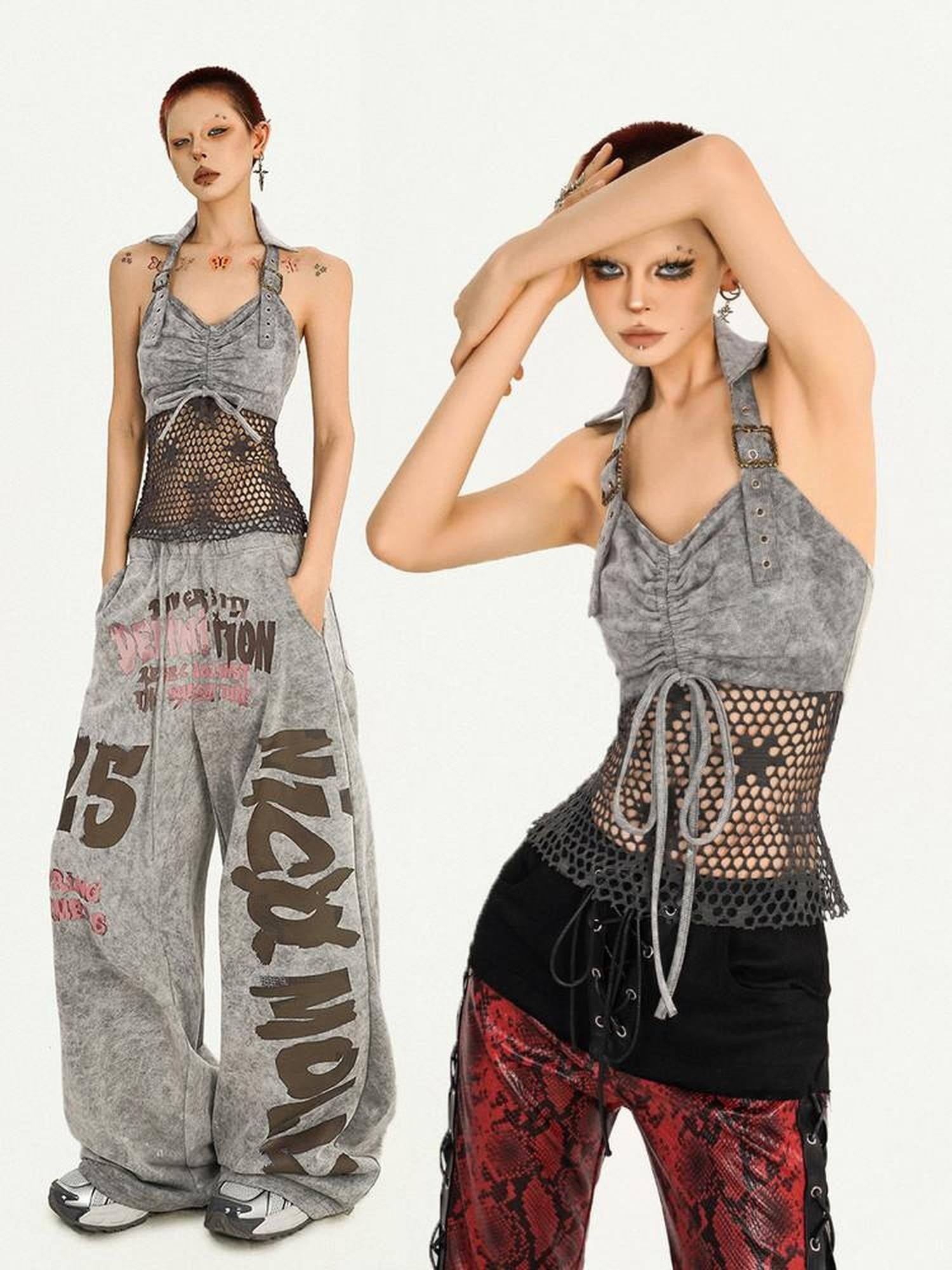 Nico Molly Vintage Halter Spliced Mesh Back Drawstring Slim Women's Mesh Tank Tops