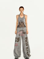 Nico Molly Vintage Halter Spliced Mesh Back Drawstring Slim Women's Mesh Tank Tops