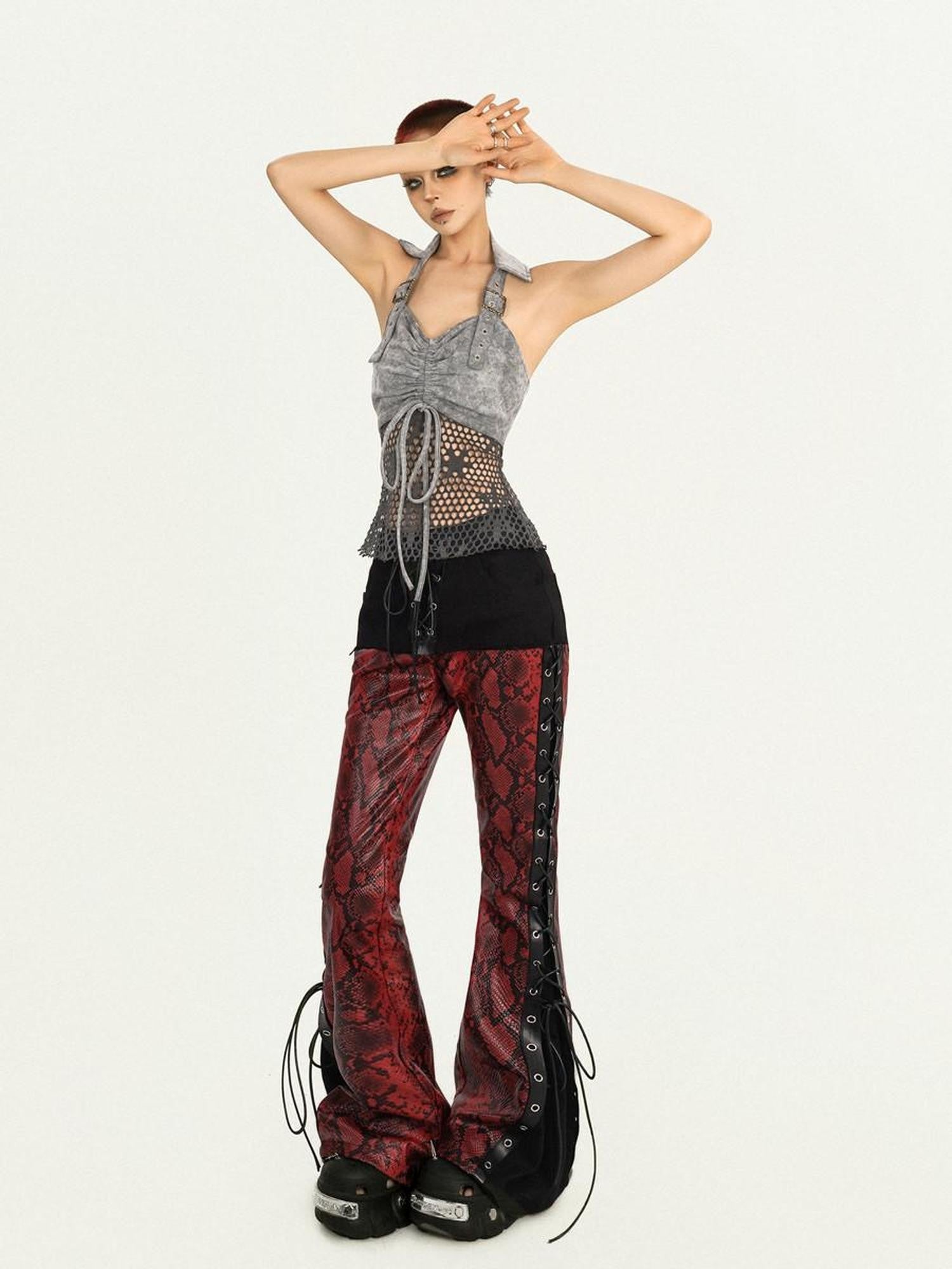 Nico Molly Vintage Halter Spliced Mesh Back Drawstring Slim Women's Mesh Tank Tops