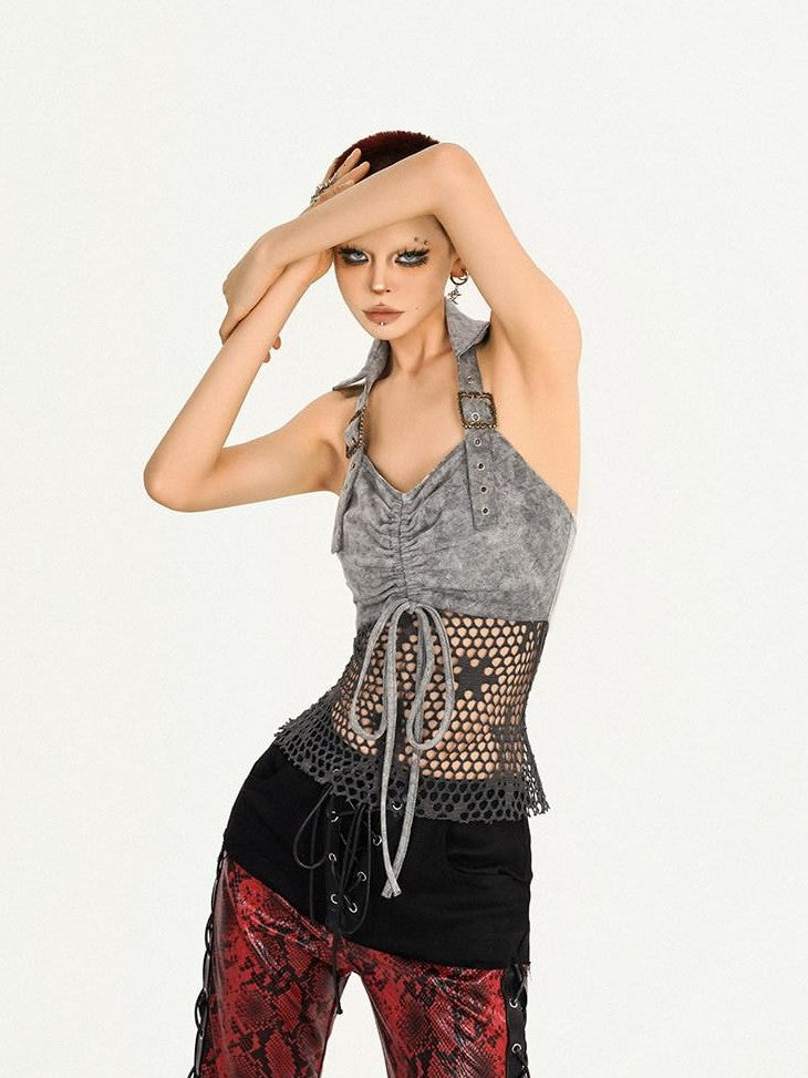 Nico Molly Vintage Halter Spliced Mesh Back Drawstring Slim Women's Mesh Tank Tops