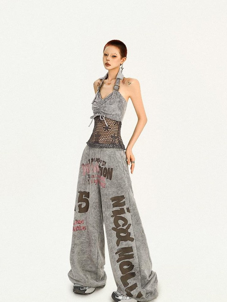Nico Molly Vintage Halter Spliced Mesh Back Drawstring Slim Women's Mesh Tank Tops