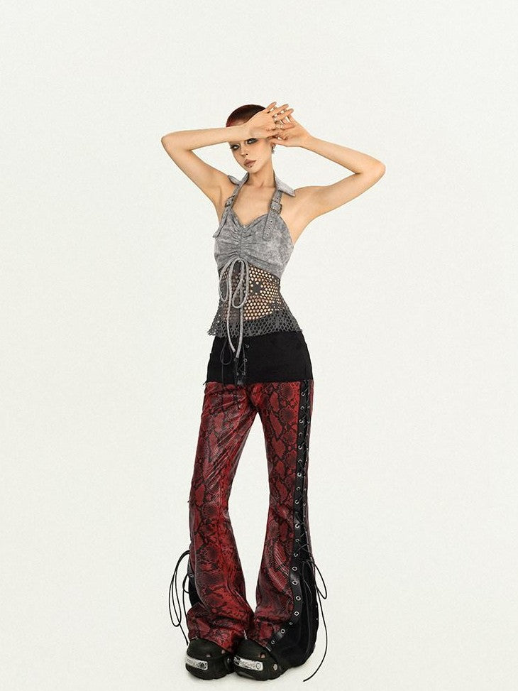 Nico Molly Vintage Halter Spliced Mesh Back Drawstring Slim Women's Mesh Tank Tops