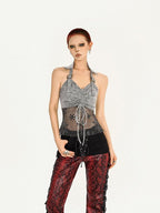 Nico Molly Vintage Halter Spliced Mesh Back Drawstring Slim Women's Mesh Tank Tops