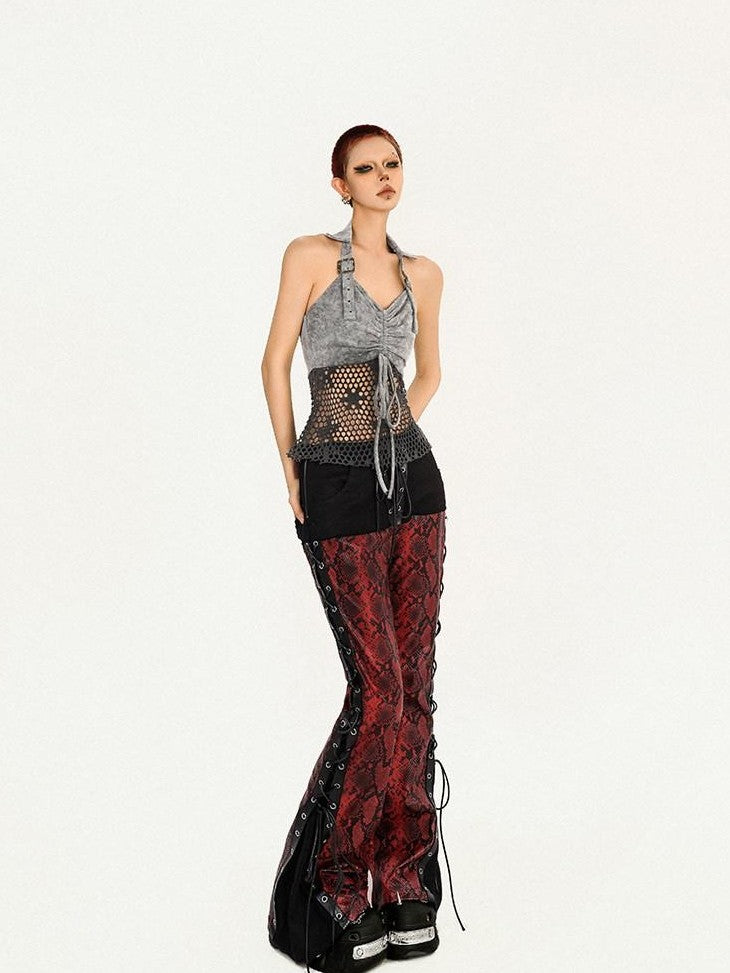 Nico Molly Vintage Halter Spliced Mesh Back Drawstring Slim Women's Mesh Tank Tops
