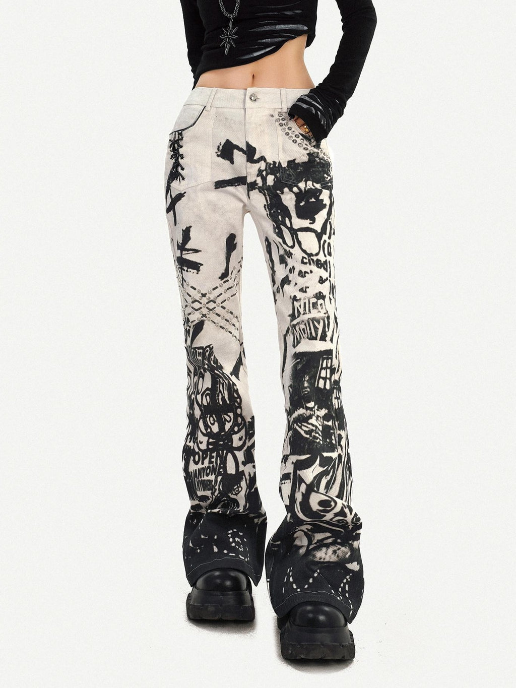 Nico Molly Vintage Ink Wash Studded Punk Subculture Women's Straight Jeans