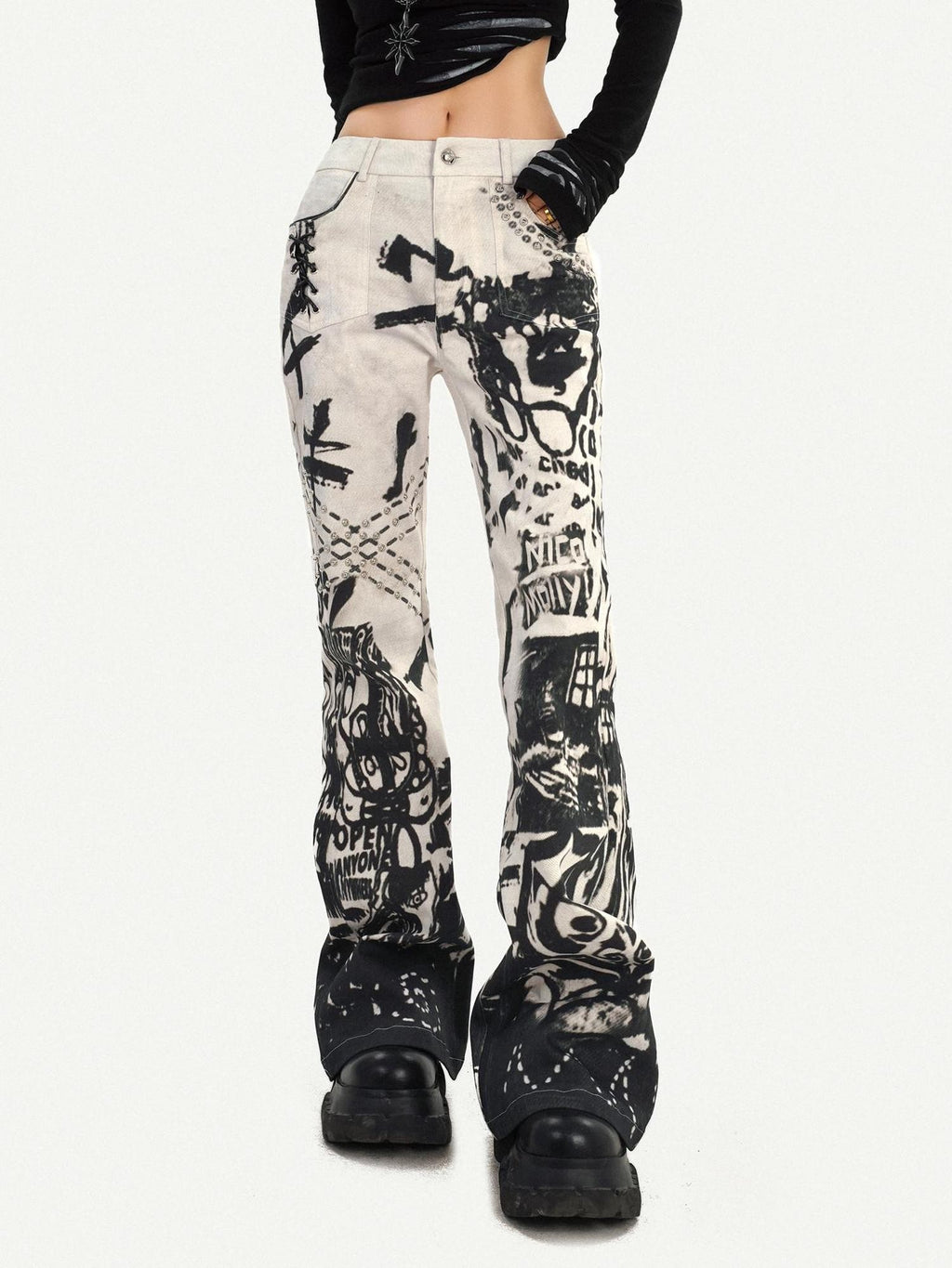 Nico Molly Vintage Ink Wash Studded Punk Subculture Women's Straight Jeans