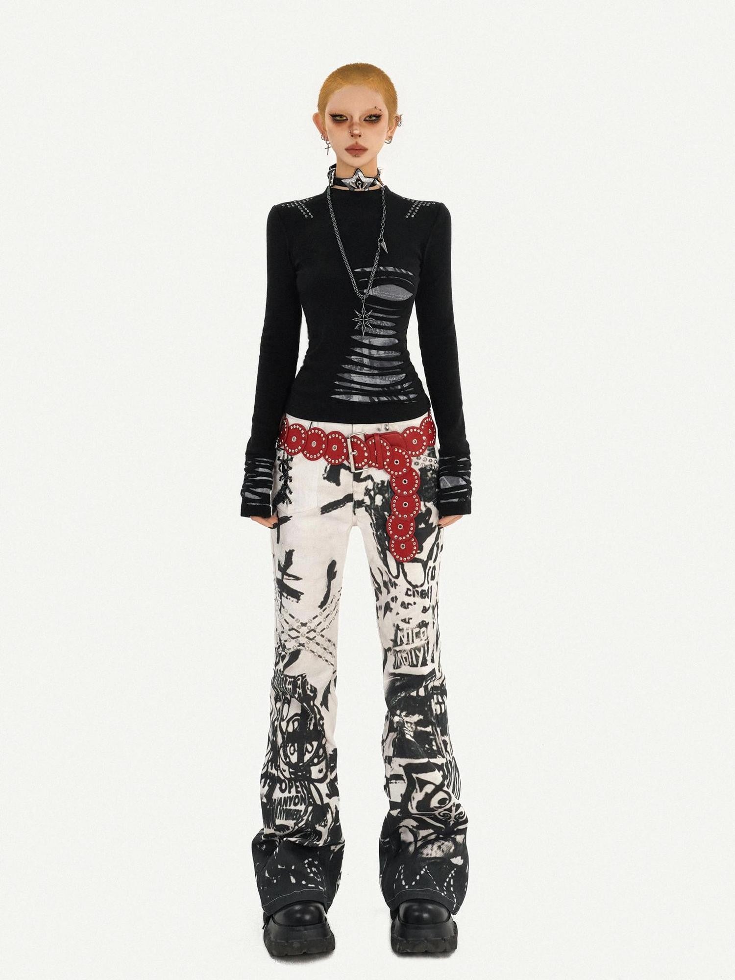 Nico Molly Vintage Ink Wash Studded Punk Subculture Women's Straight Jeans