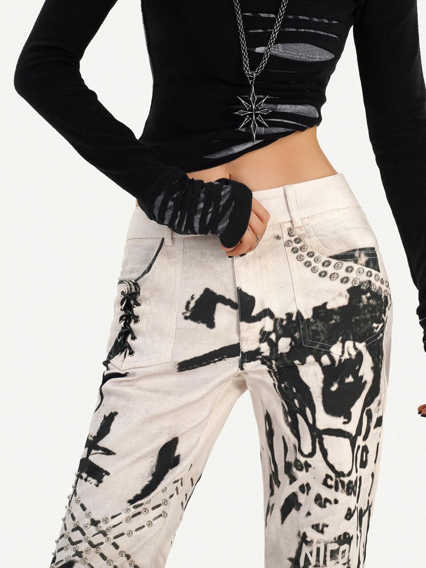 Nico Molly Vintage Ink Wash Studded Punk Subculture Women's Straight Jeans