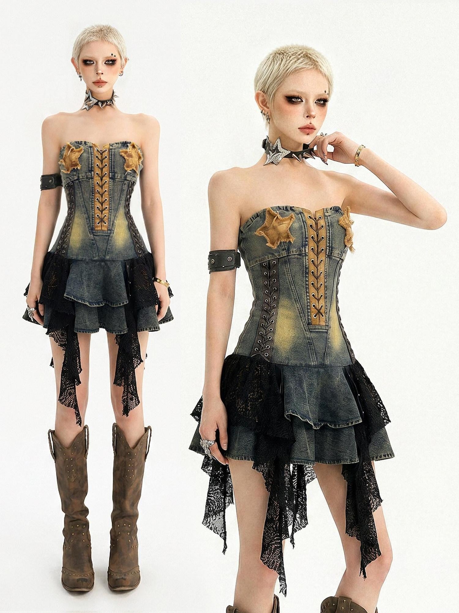 Nico Molly Vintage Lace Panel Waist Cinch Women's Denim Strapless Mini Dresses