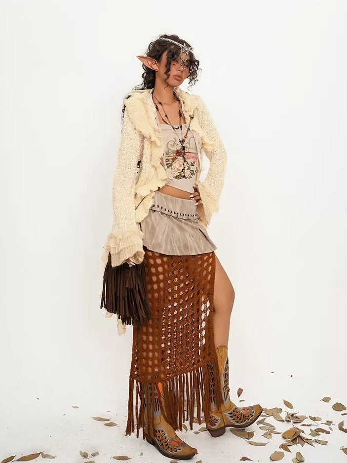 Nico Molly Vintage Lace Patchwork Ruffle Pleated V-neck Bell Sleeve Women's Cardigans