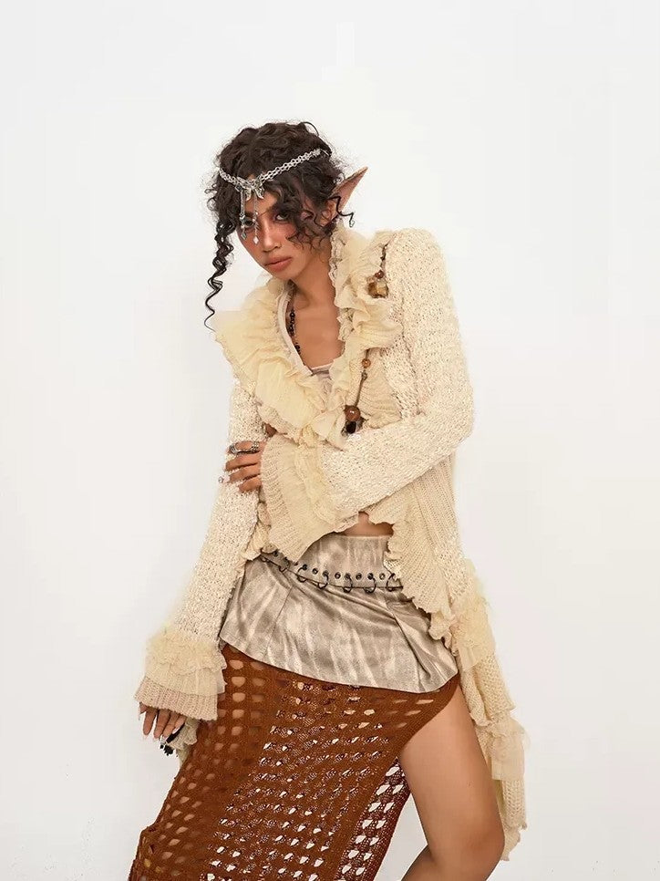 Nico Molly Vintage Lace Patchwork Ruffle Pleated V-neck Bell Sleeve Women's Cardigans
