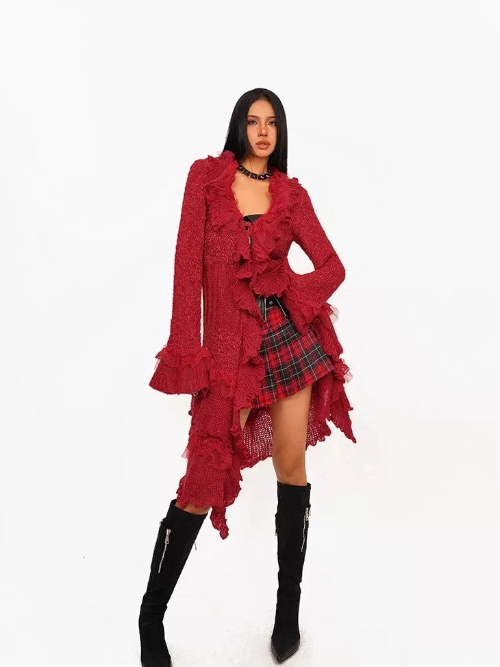 Nico Molly Vintage Lace Patchwork Ruffle Pleated V-neck Bell Sleeve Women's Cardigans