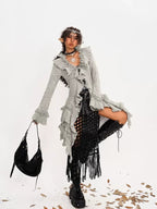Nico Molly Vintage Lace Patchwork Ruffle Pleated V-neck Bell Sleeve Women's Cardigans